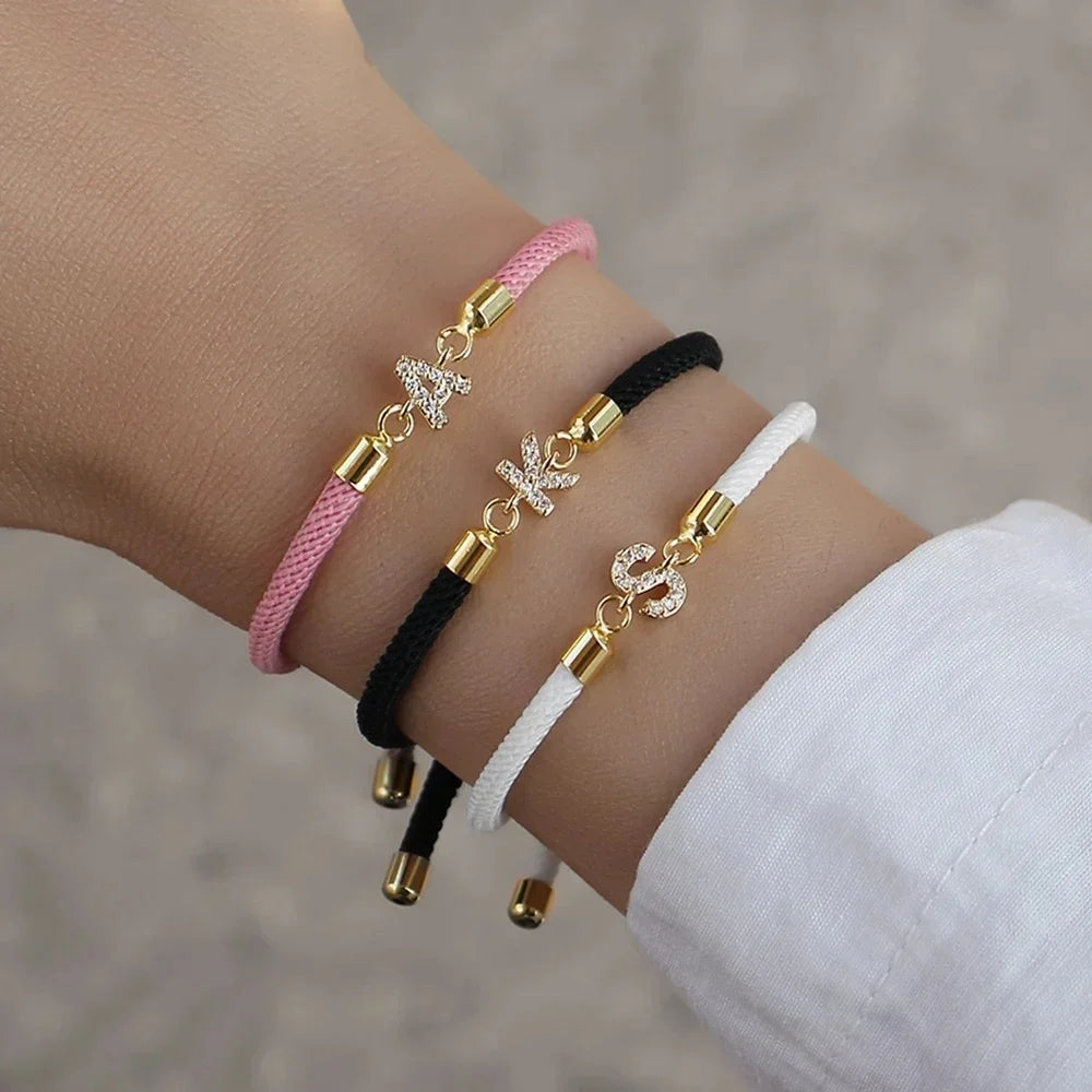 New Brand Fashion Initial Letter Charm Bracelet Women Pave Zirconia A-Z Adjustable Rope Bracelet for Women Jewelry Gift